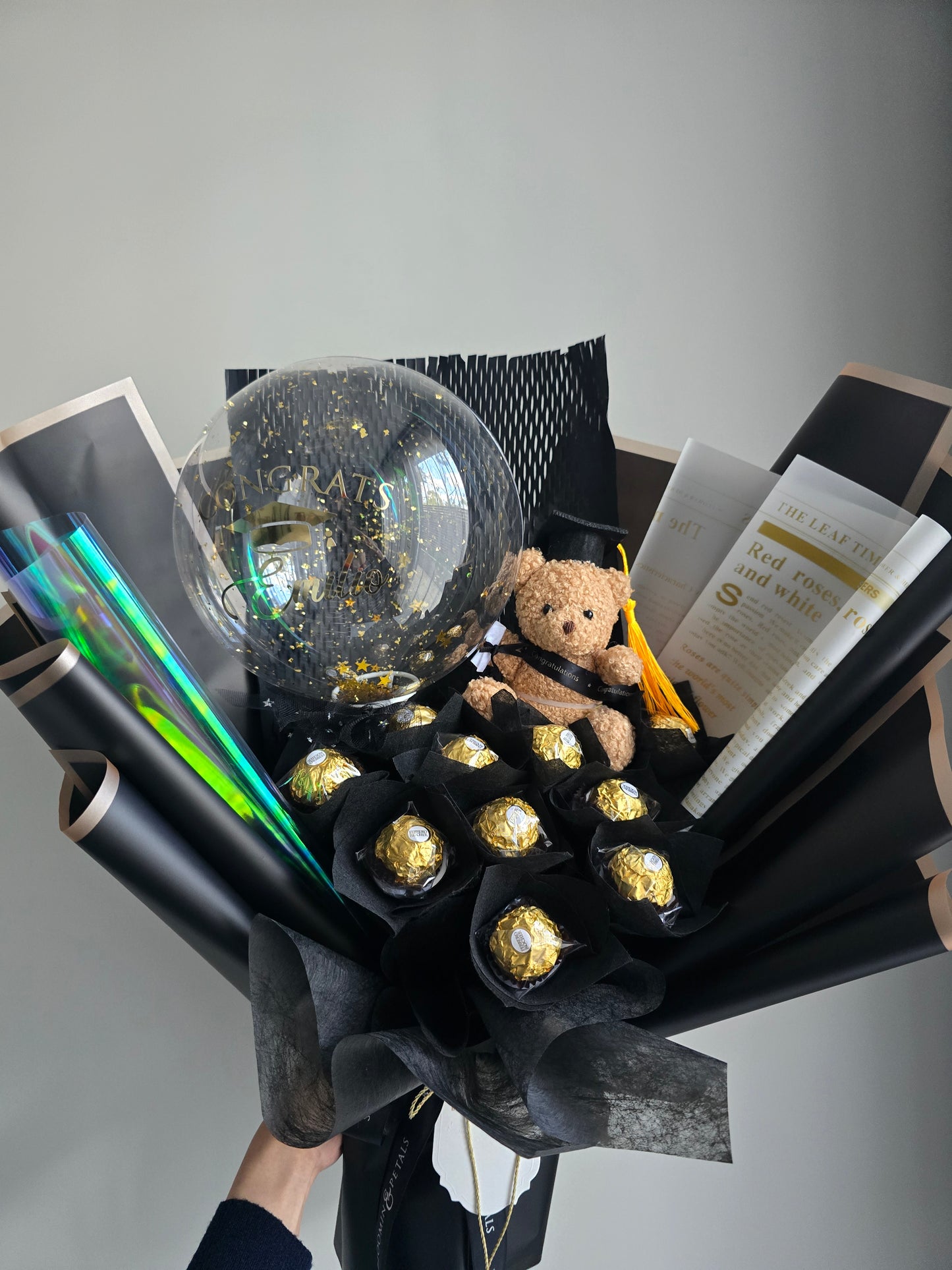 New combo Chocolate Ferrero (10 pcs ferrero) bouquet with mini teddy bear graduation