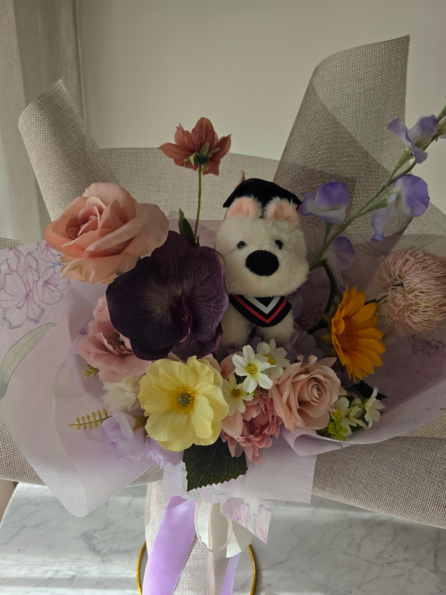 PREMIUM GRADUATION BOUQUET silk flower arrangement bouquet + puppy plushie graduation