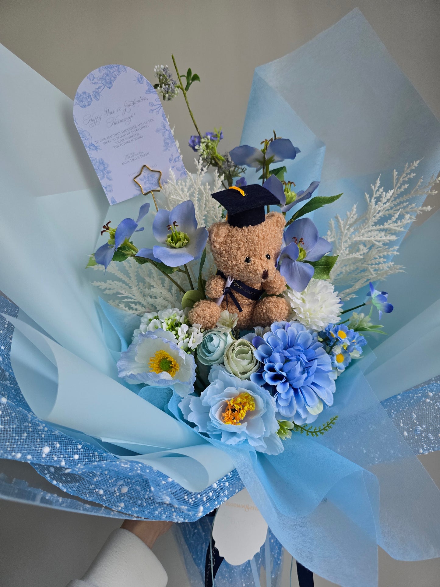 PREMIUM GRADUATION BOUQUET silk flower arrangement bouquet + navy small teddy bear
