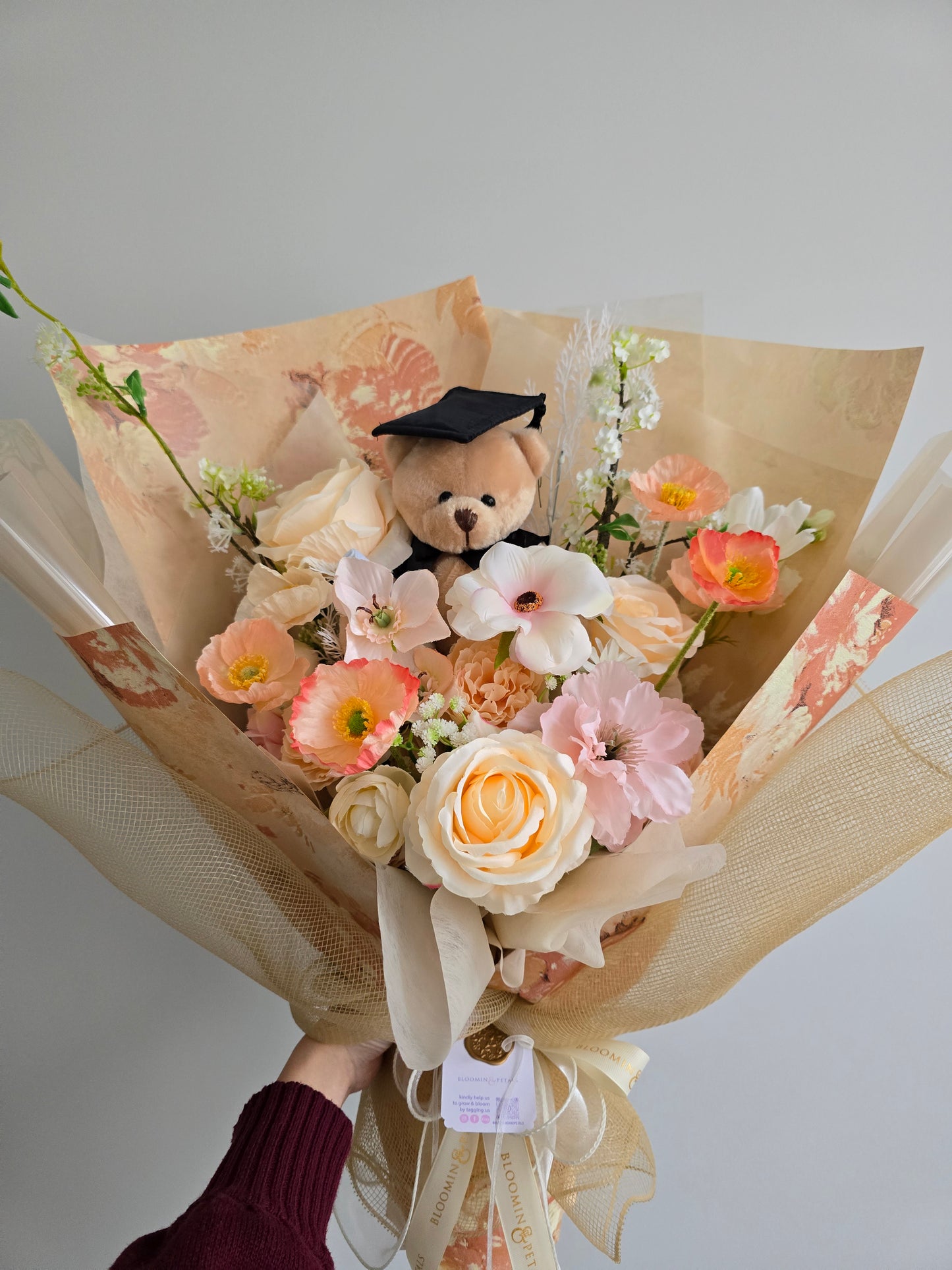 LIMITED EDITION GRADUATION FLOWER  BOUQUET WITH GRADUATION BEAR PEACH TONE