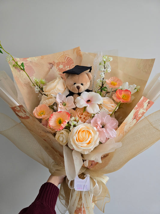 LIMITED EDITION GRADUATION FLOWER BOUQUET WITH GRADUATION BEAR PEACH TONE