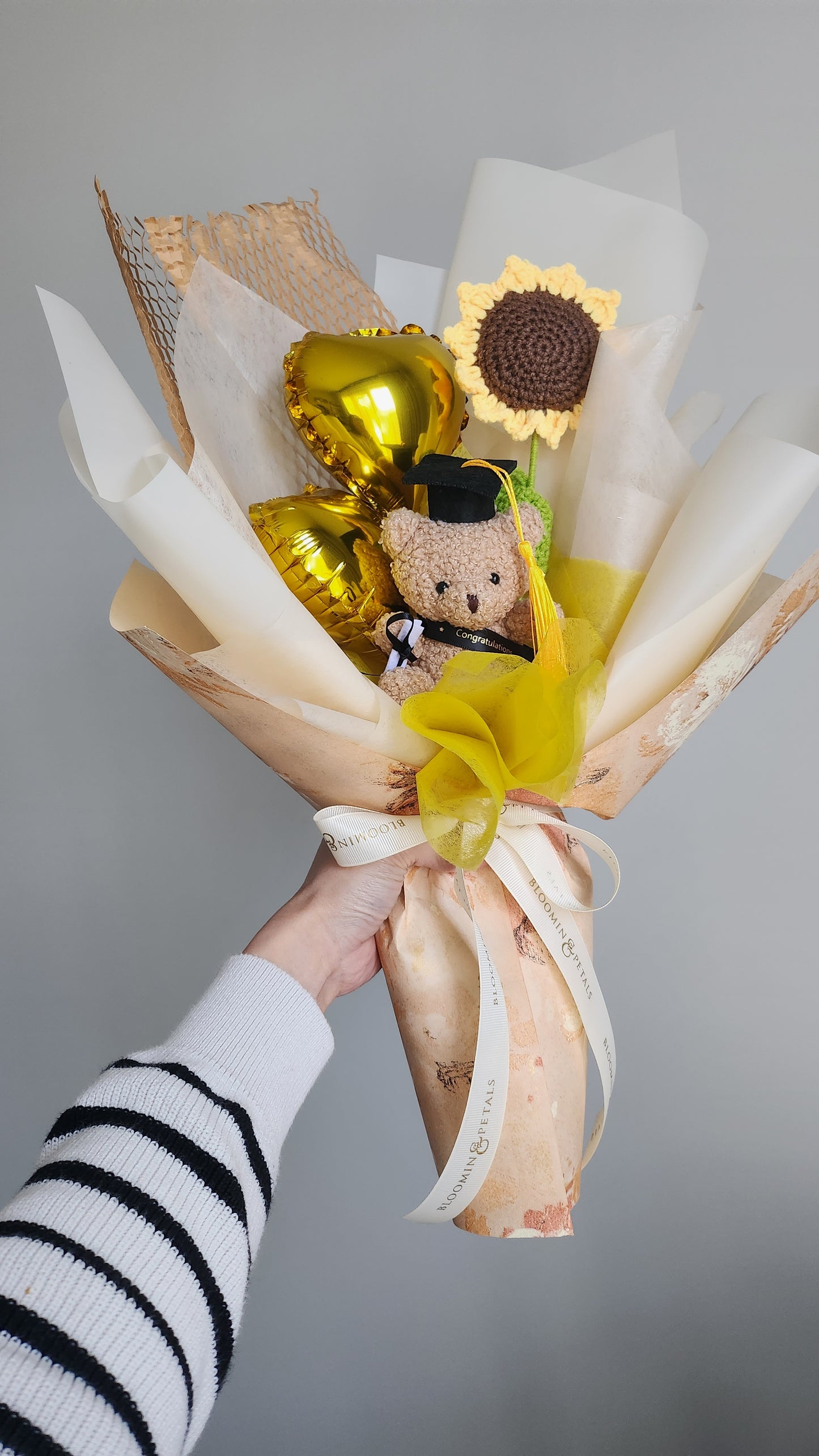 Mini heart balloon with teddy bear graduation bouquet