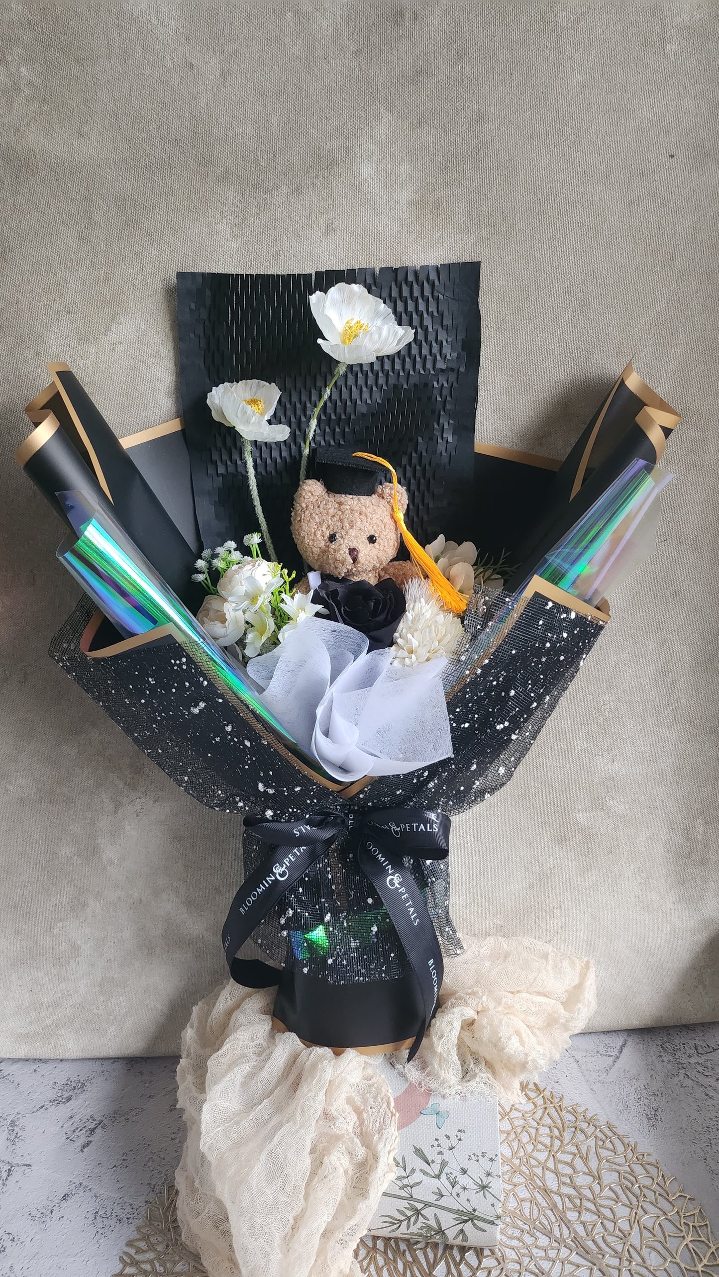 Small teddy bear graduation flower bouquet