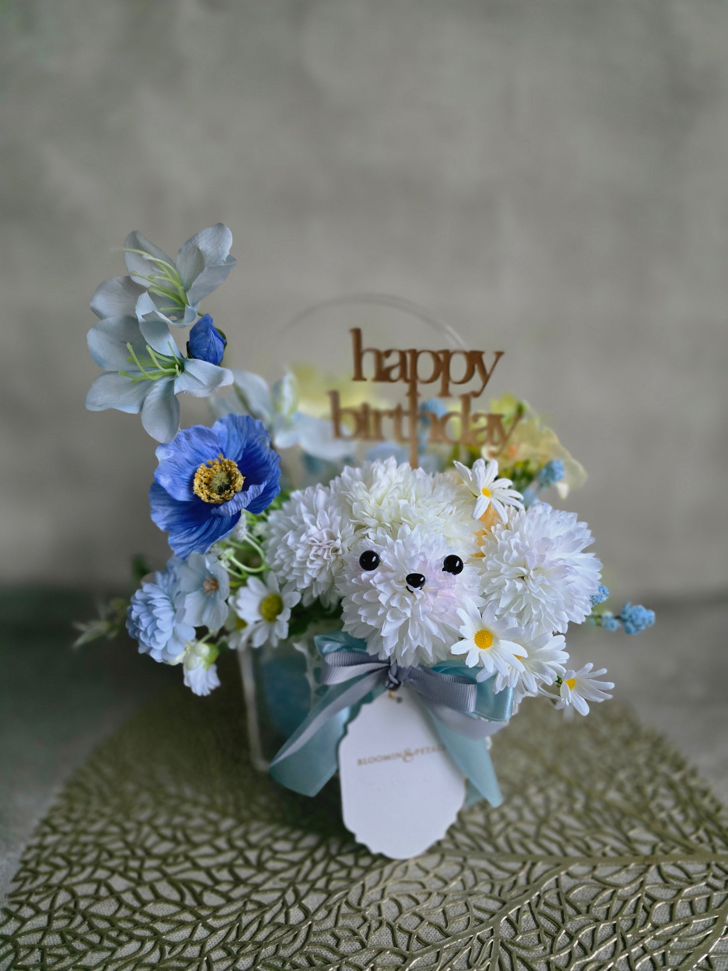 Puppy bouquet with acrylic box