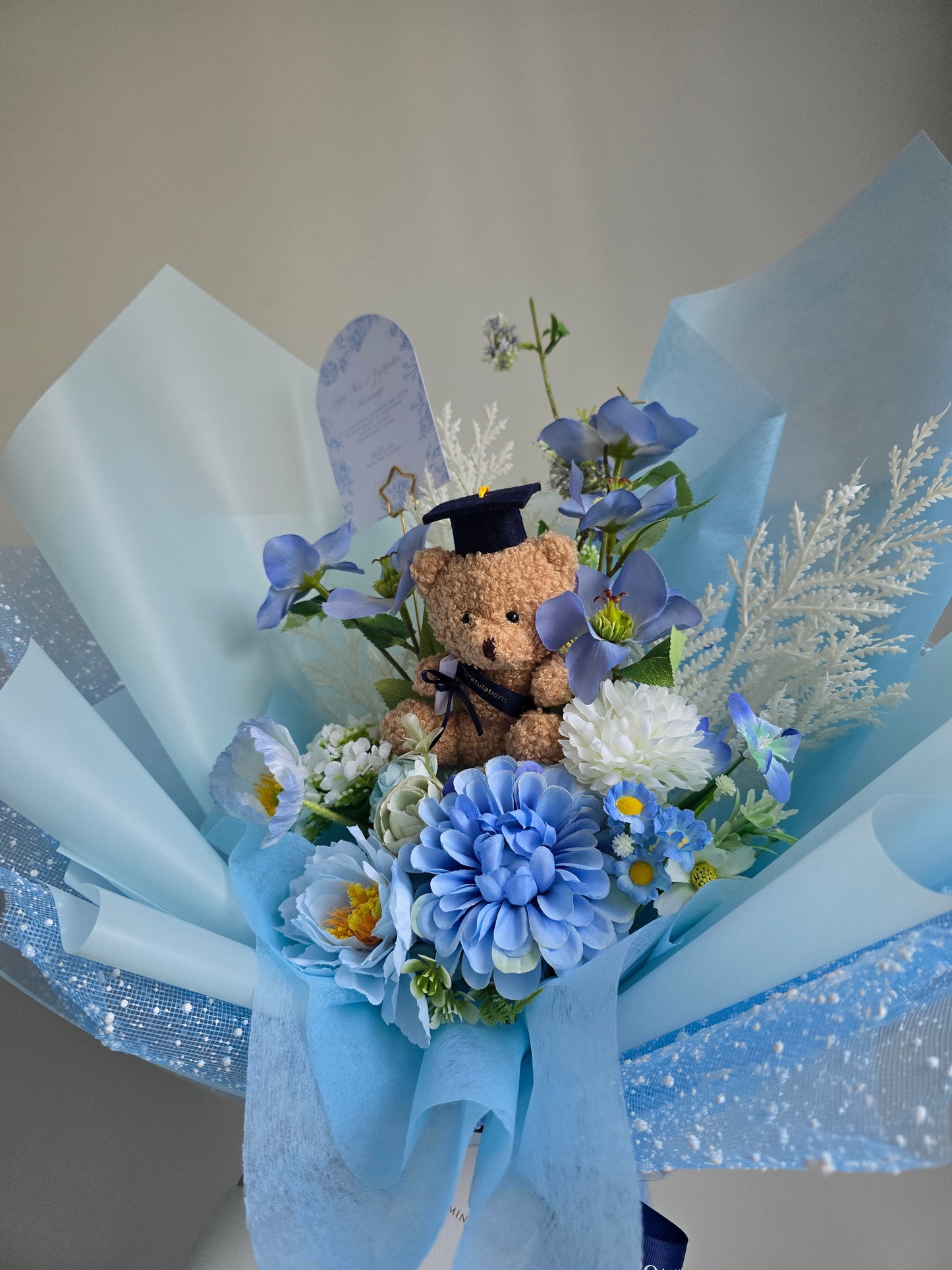PREMIUM GRADUATION BOUQUET silk flower arrangement bouquet + navy small teddy bear