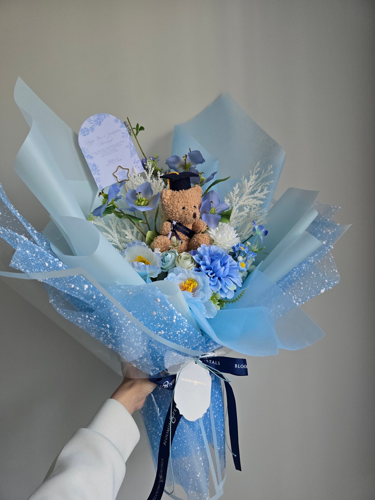 PREMIUM GRADUATION BOUQUET silk flower arrangement bouquet + navy small teddy bear