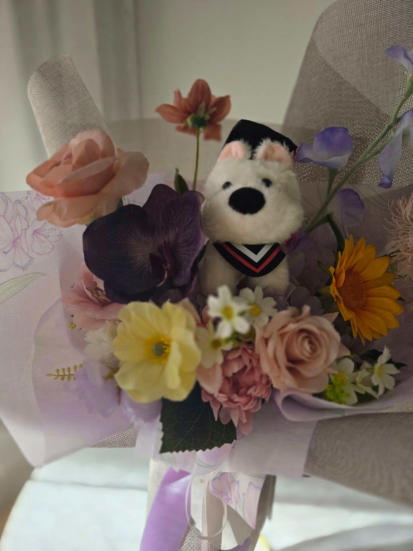 PREMIUM GRADUATION BOUQUET silk flower arrangement bouquet + puppy plushie graduation