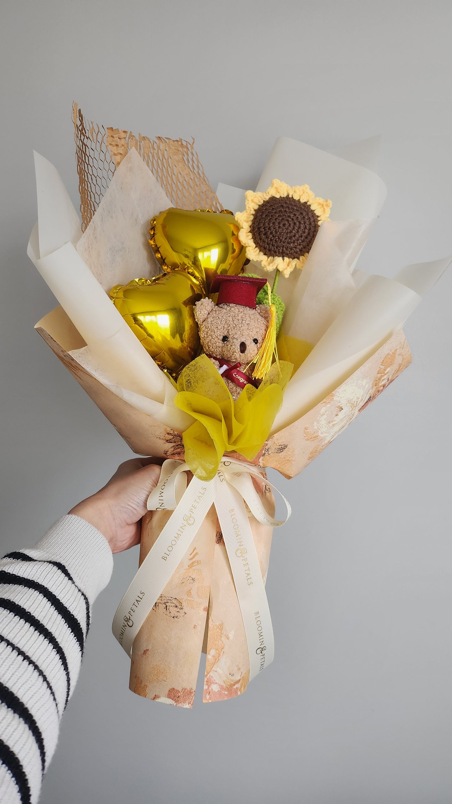 Mini heart balloon with teddy bear graduation bouquet