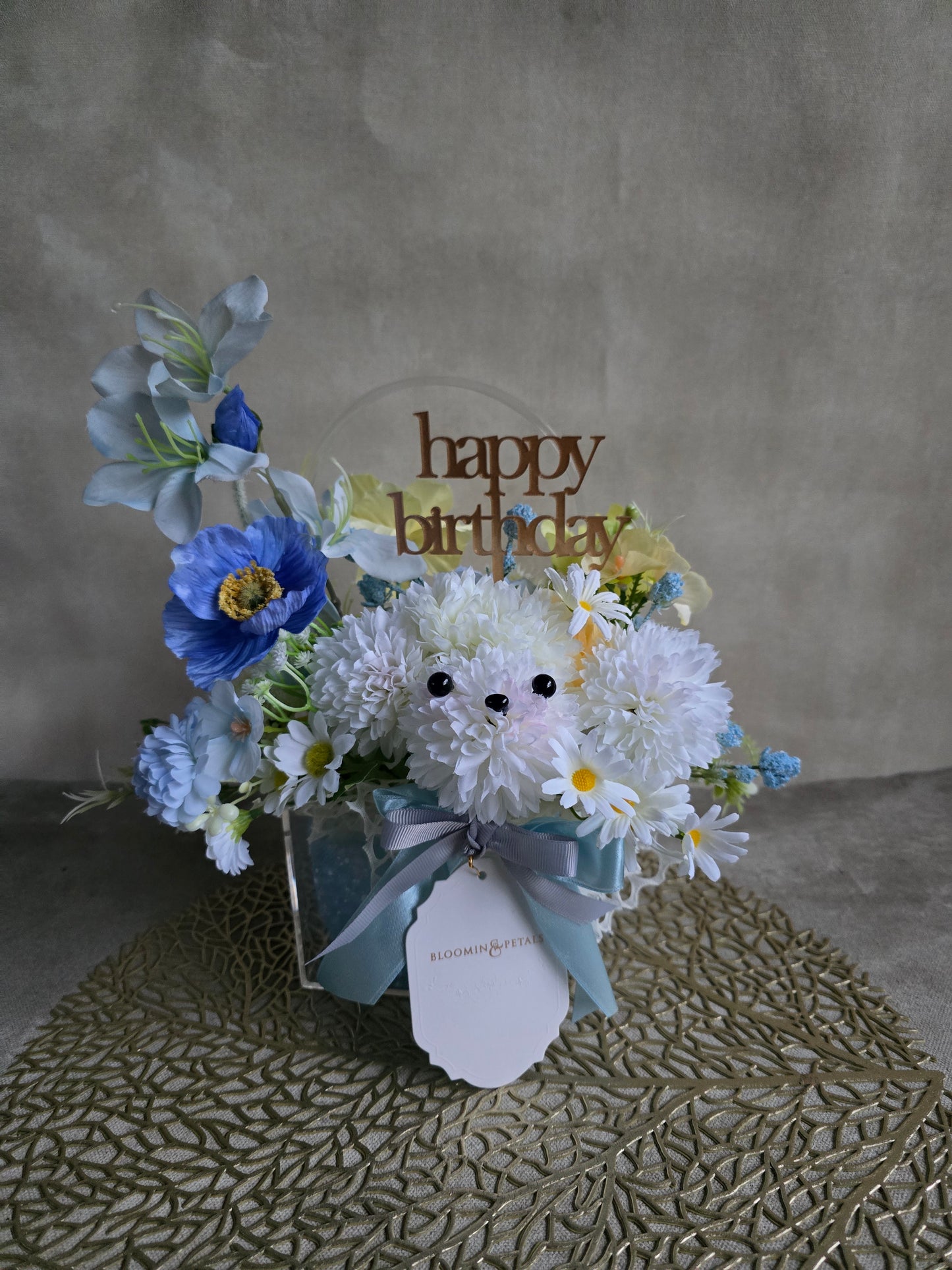 Puppy bouquet with acrylic box