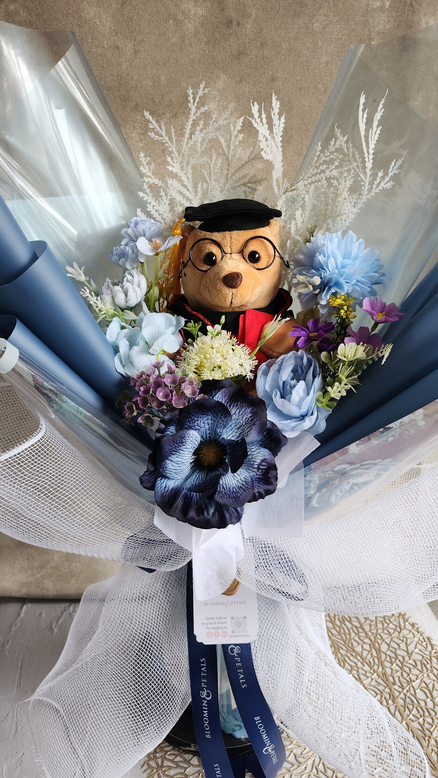 BLUE GRADUATION BOUQUET silk flower arrangement bouquet