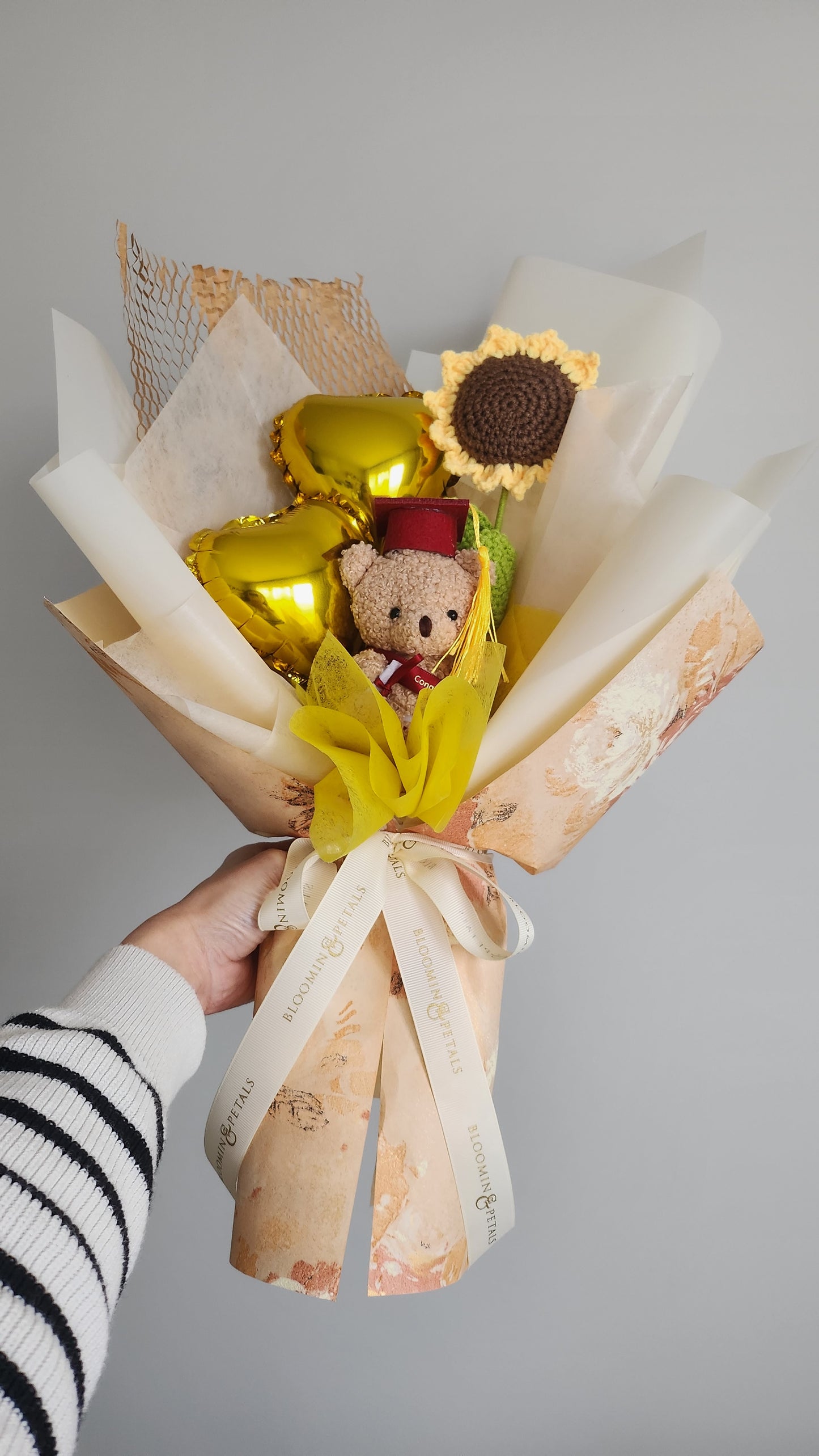 Mini heart balloon with teddy bear graduation bouquet