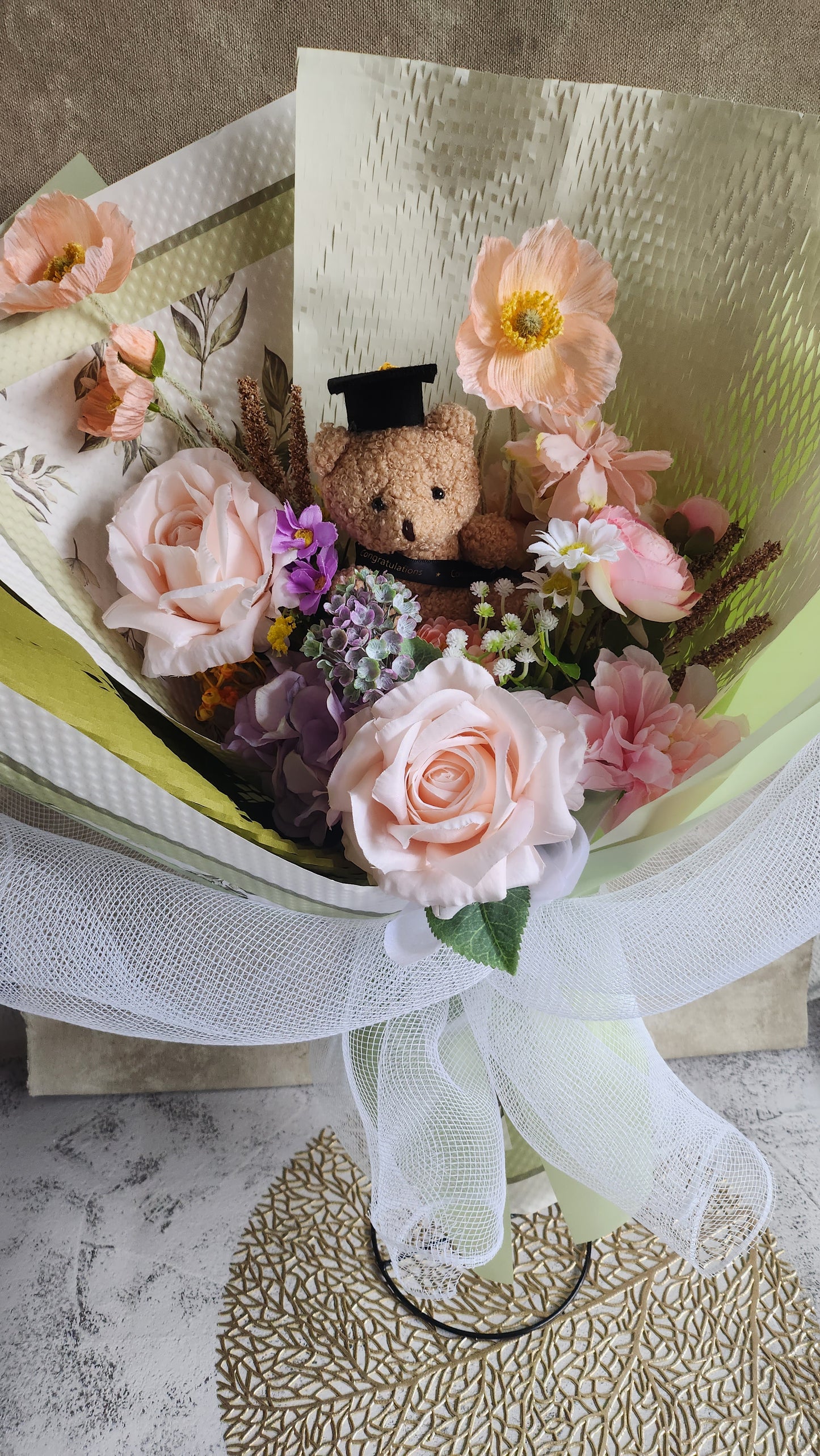 LIMITED EDITION BOUQUET WITH MEDIUM TEDDY BEAR GRADUATION BOUQUET