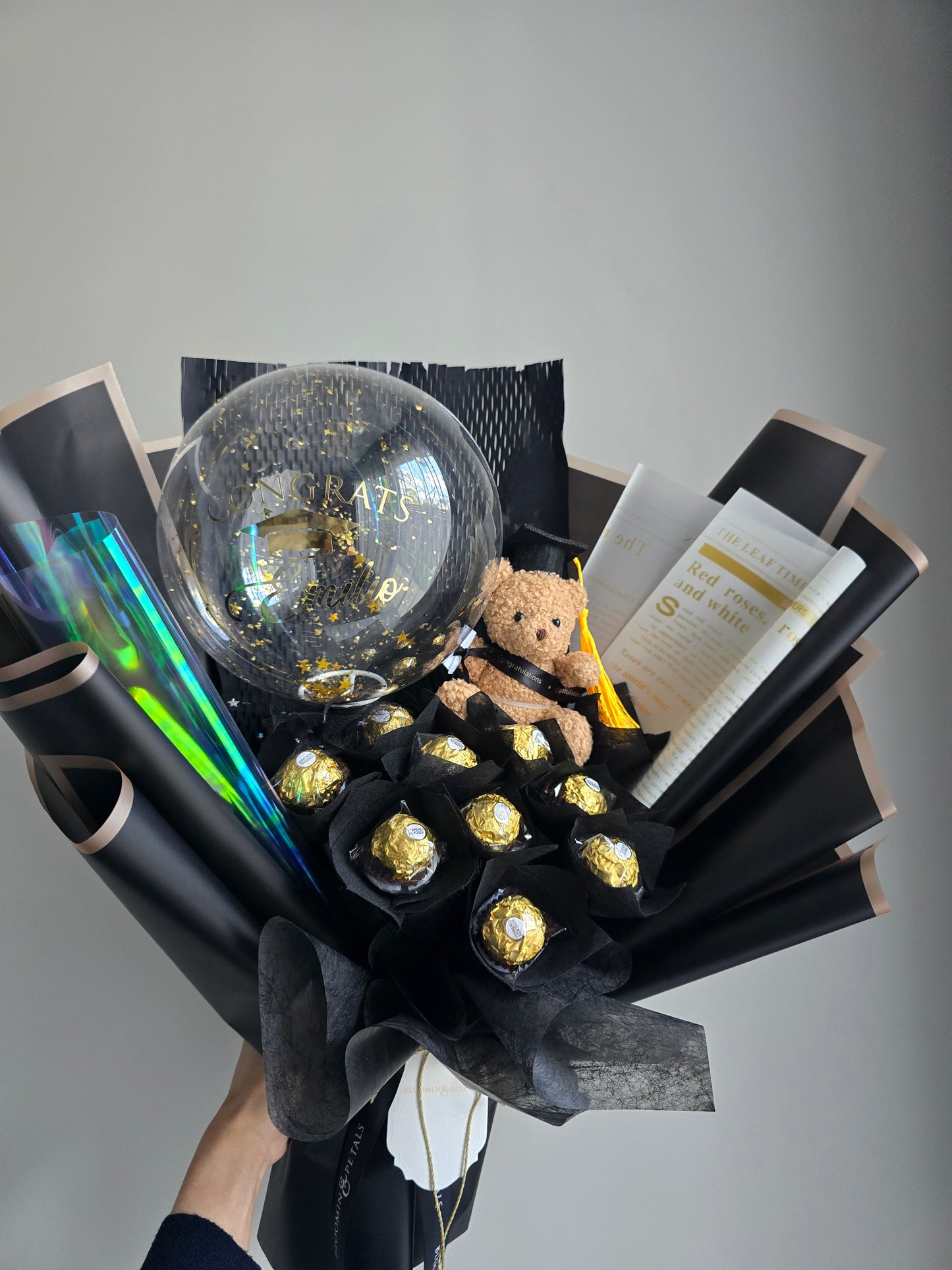 New combo Chocolate Ferrero (10 pcs ferrero) bouquet with mini teddy bear graduation
