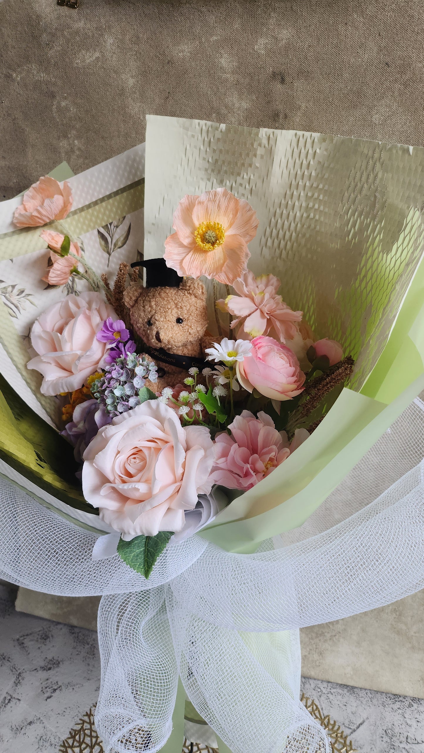 LIMITED EDITION BOUQUET WITH MEDIUM TEDDY BEAR GRADUATION BOUQUET