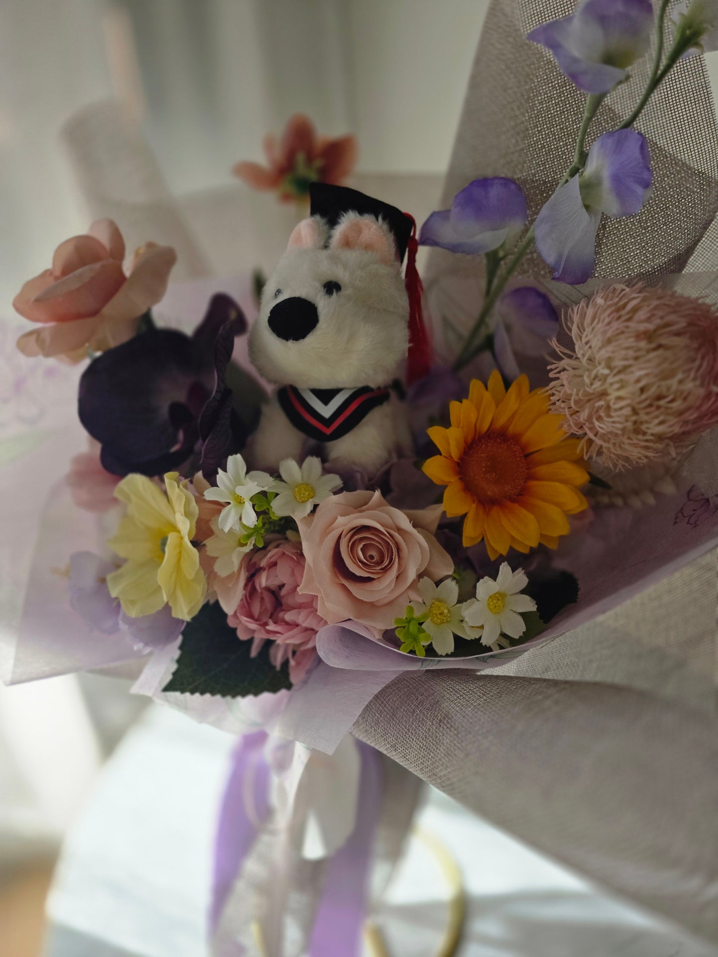 PREMIUM GRADUATION BOUQUET silk flower arrangement bouquet + puppy plushie graduation