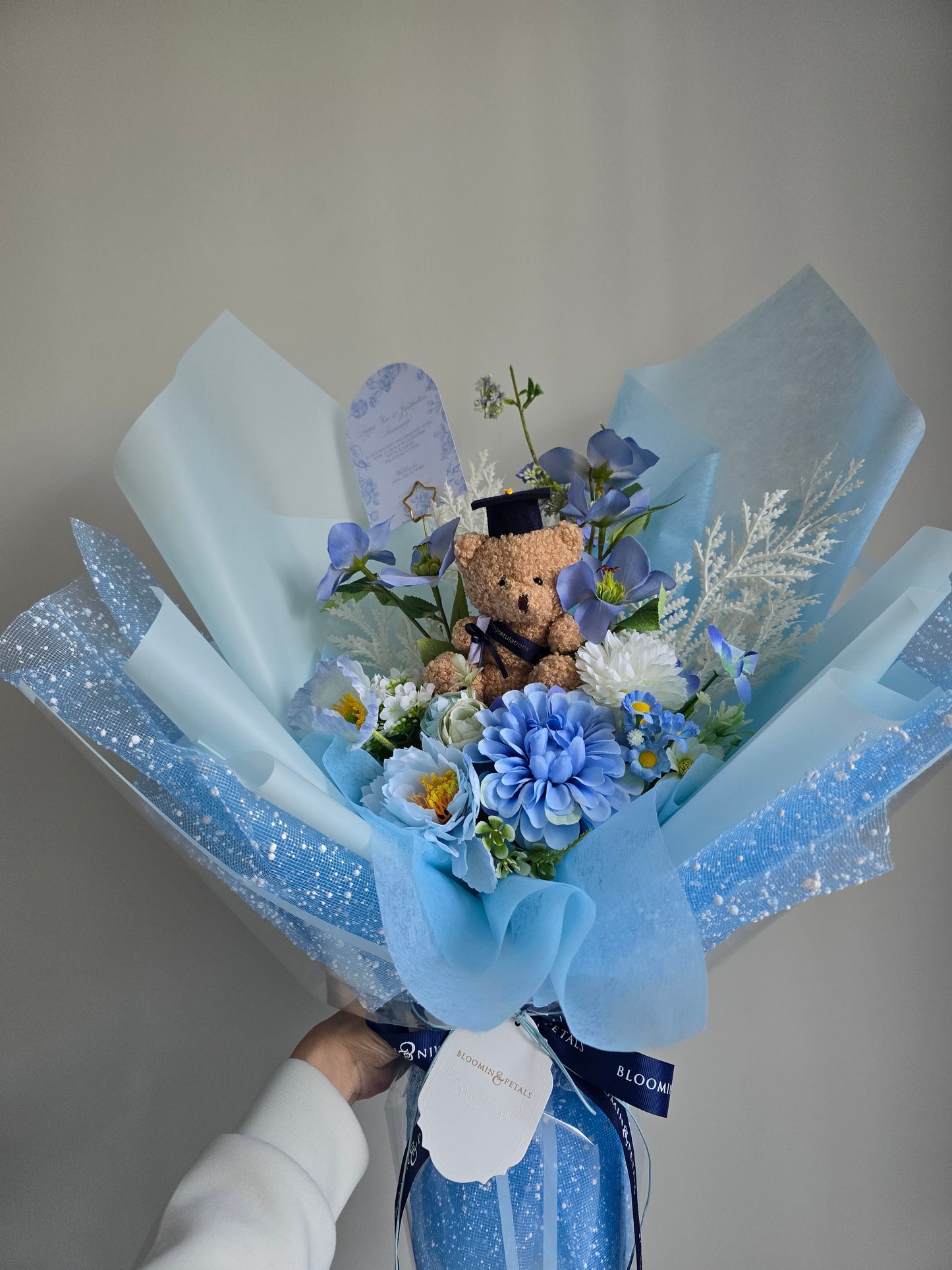 PREMIUM GRADUATION BOUQUET silk flower arrangement bouquet + navy small teddy bear