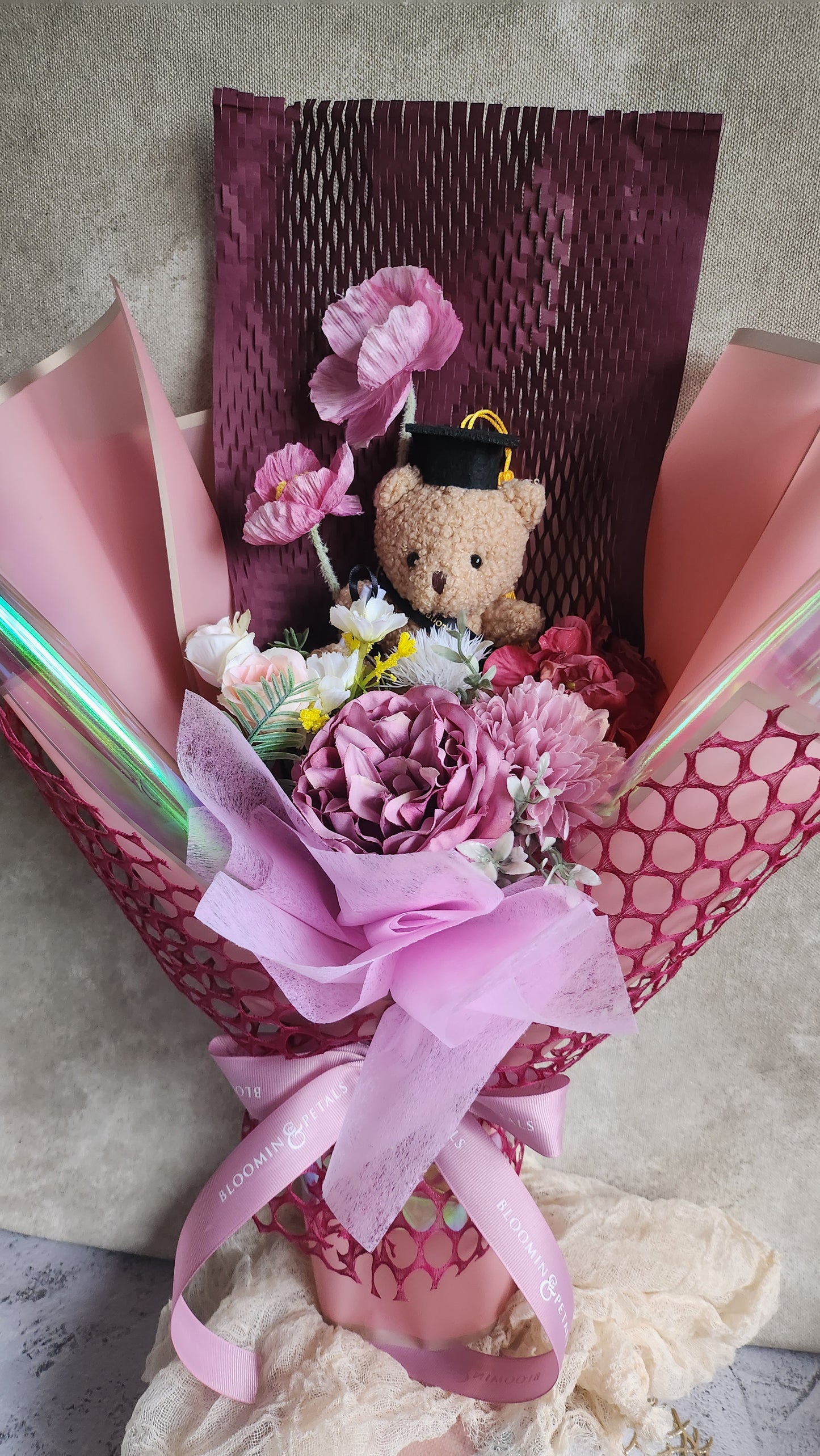 Small teddy bear graduation flower bouquet