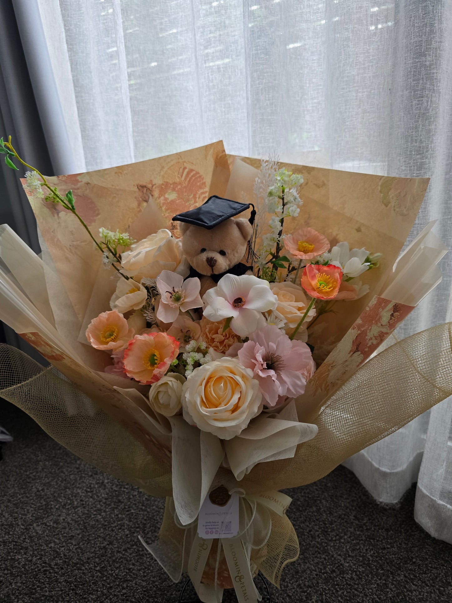 LIMITED EDITION GRADUATION FLOWER  BOUQUET WITH GRADUATION BEAR PEACH TONE