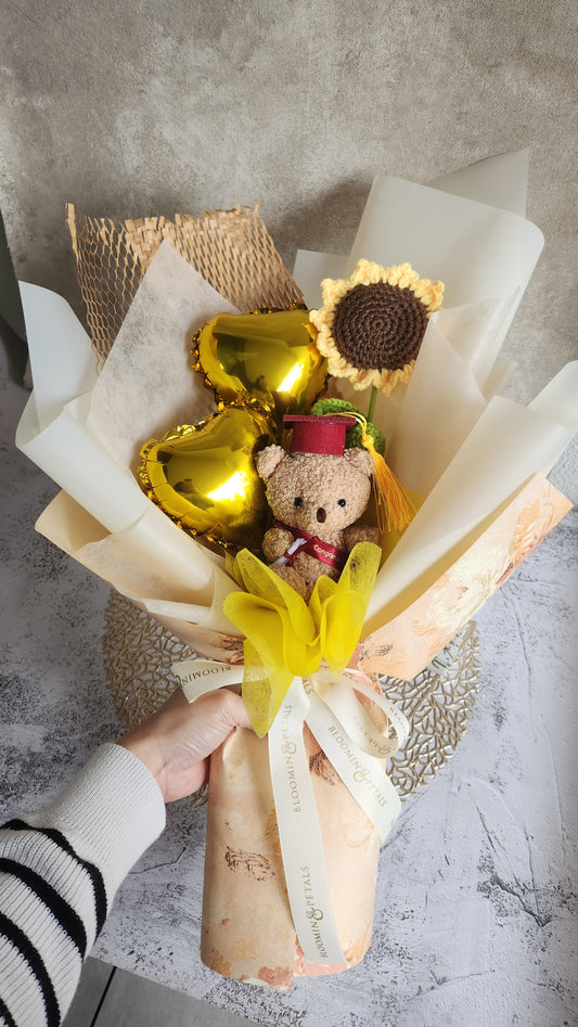 Mini heart balloon with teddy bear graduation bouquet