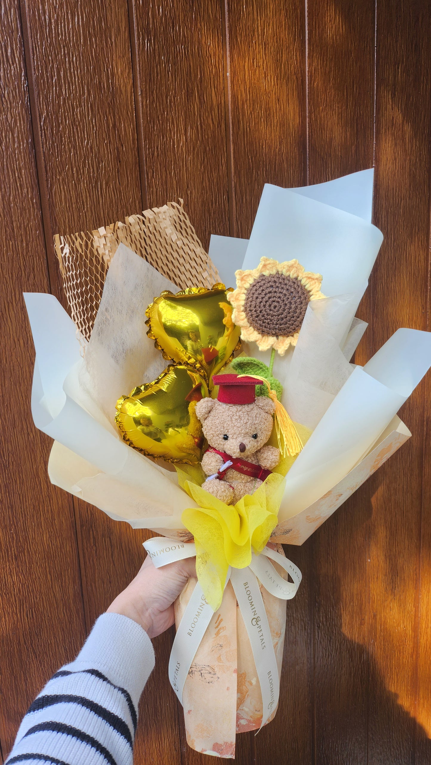 Mini heart balloon with teddy bear graduation bouquet