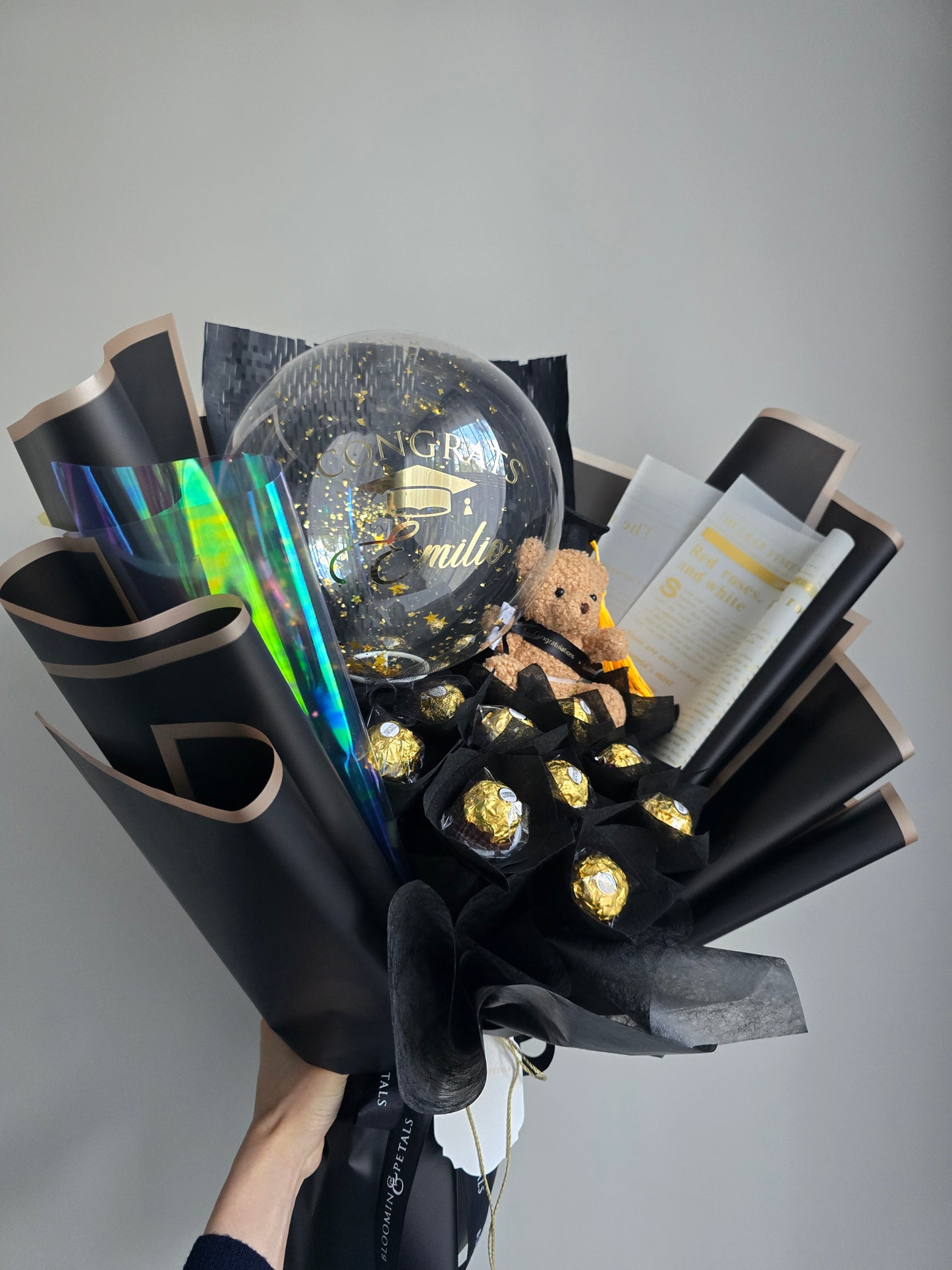 New combo Chocolate Ferrero (10 pcs ferrero) bouquet with mini teddy bear graduation