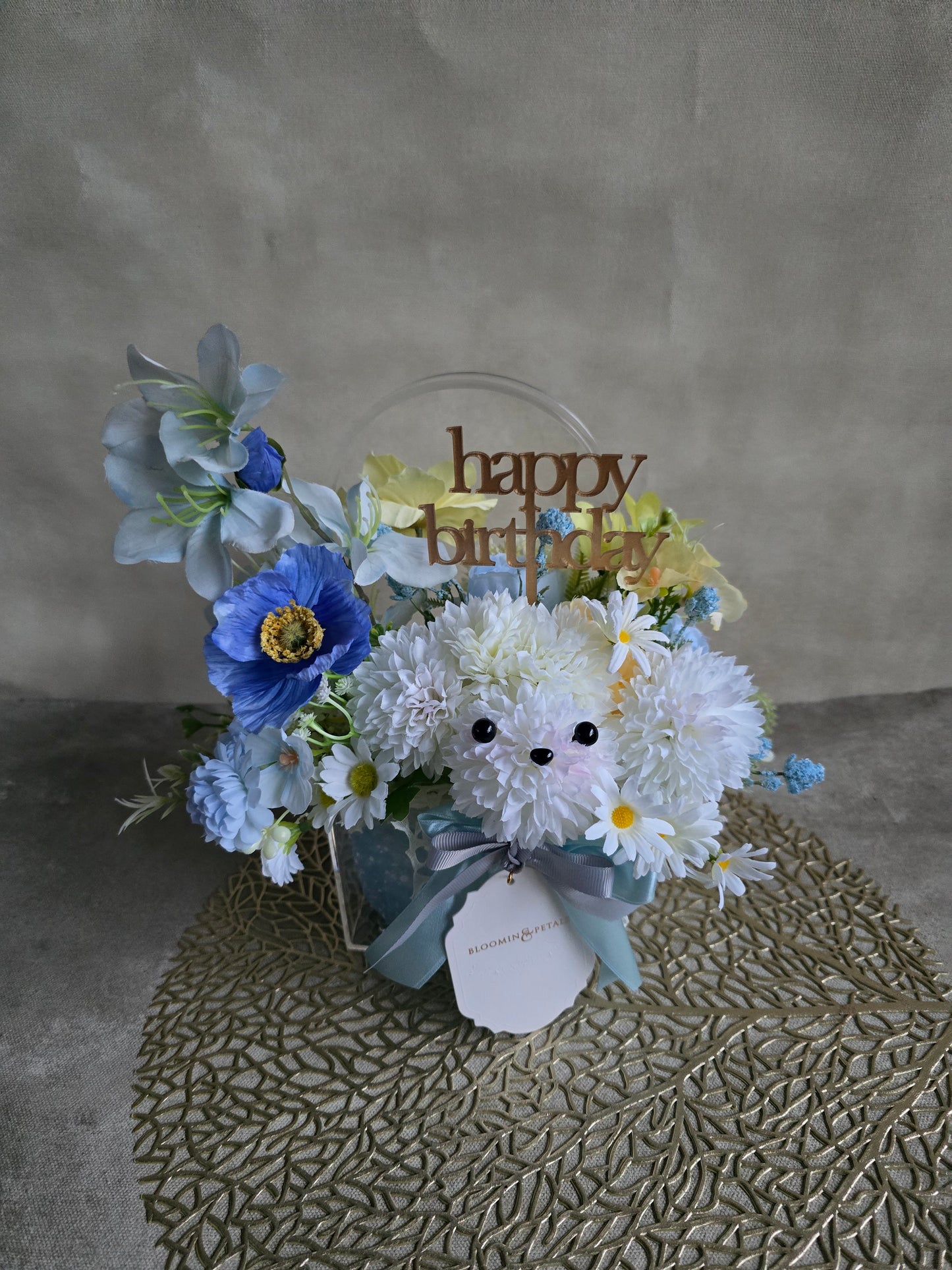 Puppy bouquet with acrylic box