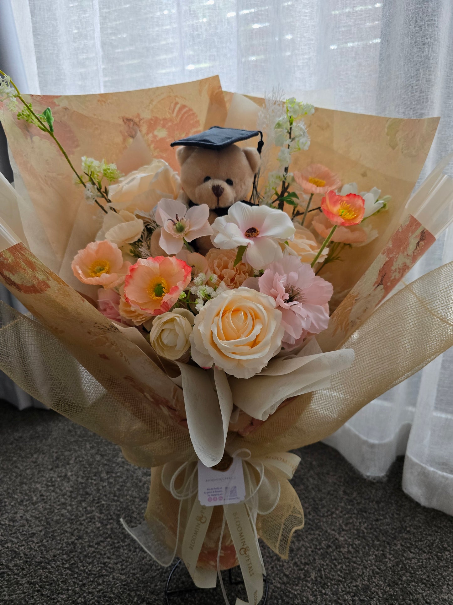 LIMITED EDITION GRADUATION FLOWER  BOUQUET WITH GRADUATION BEAR PEACH TONE