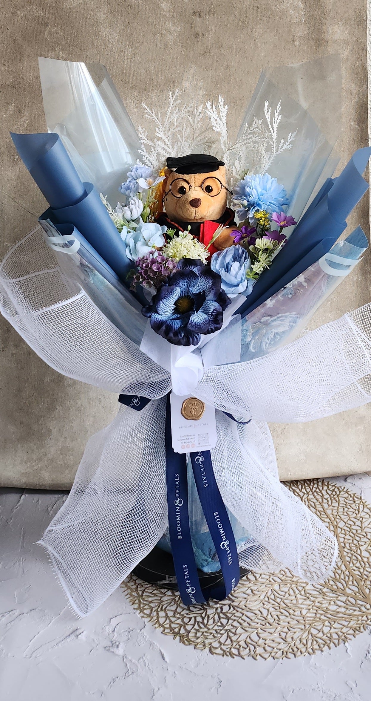 BLUE GRADUATION BOUQUET silk flower arrangement bouquet