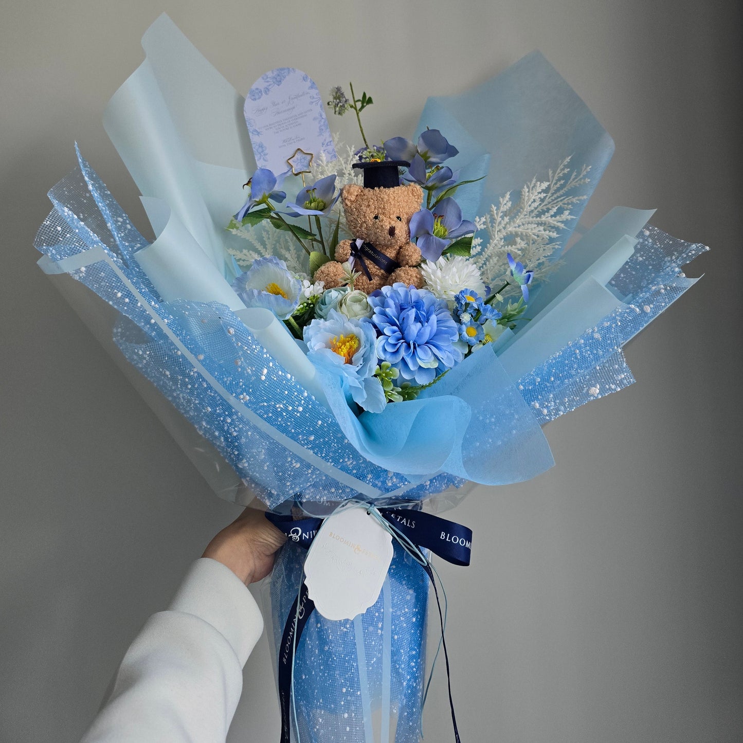 PREMIUM GRADUATION BOUQUET silk flower arrangement bouquet + navy small teddy bear