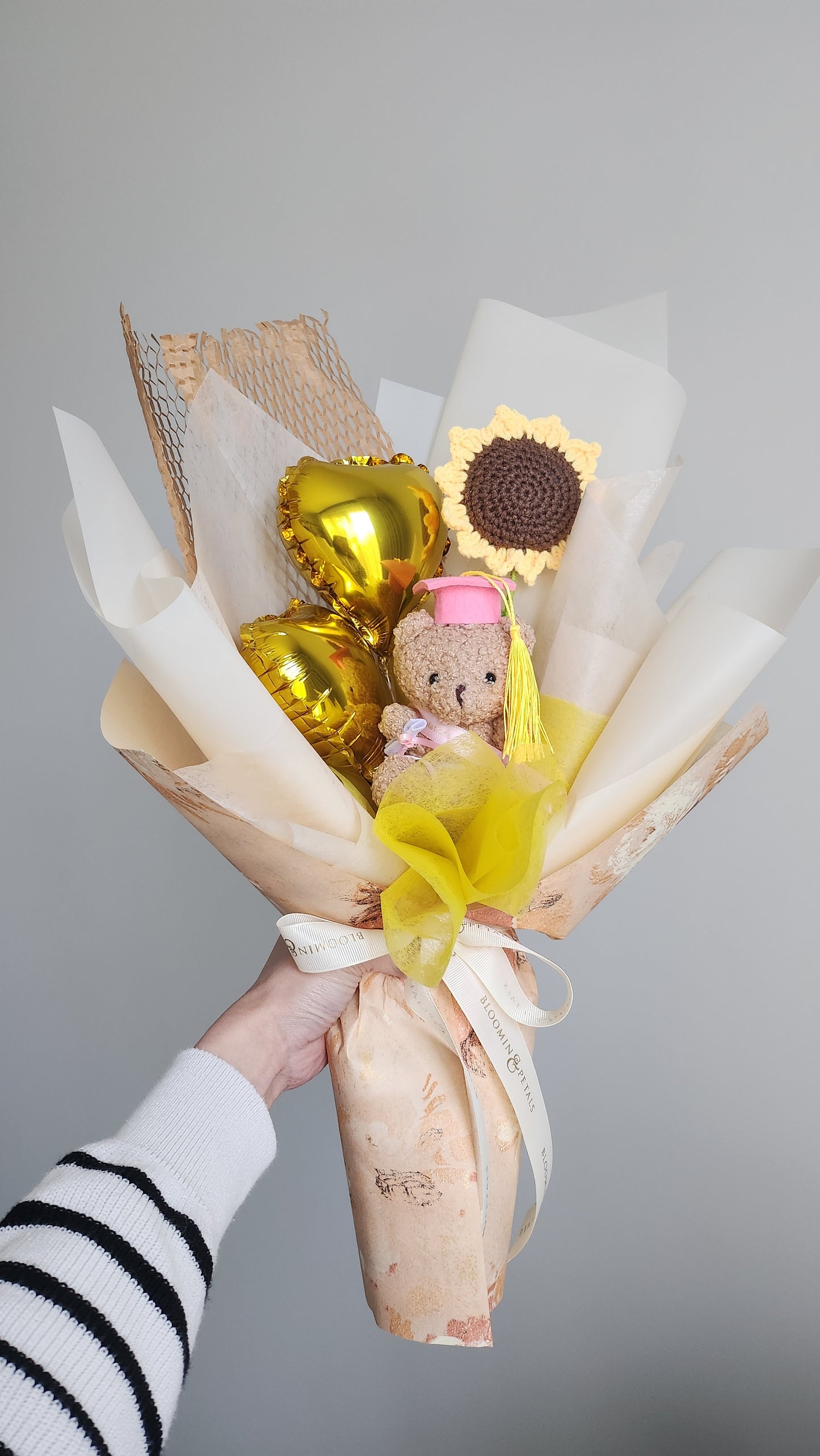 Mini heart balloon with teddy bear graduation bouquet