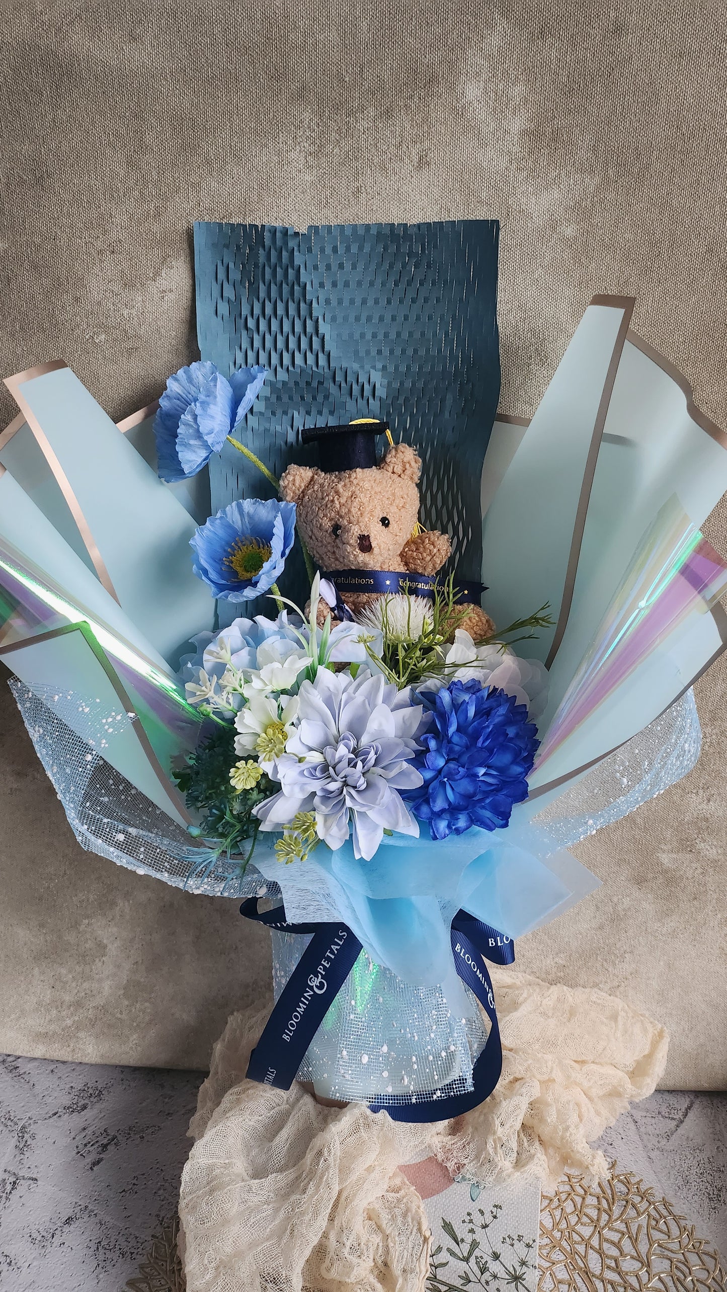 Small teddy bear graduation flower bouquet