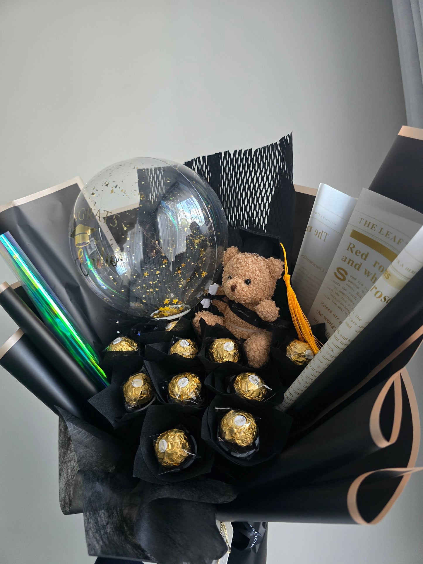 New combo Chocolate Ferrero (10 pcs ferrero) bouquet with mini teddy bear graduation