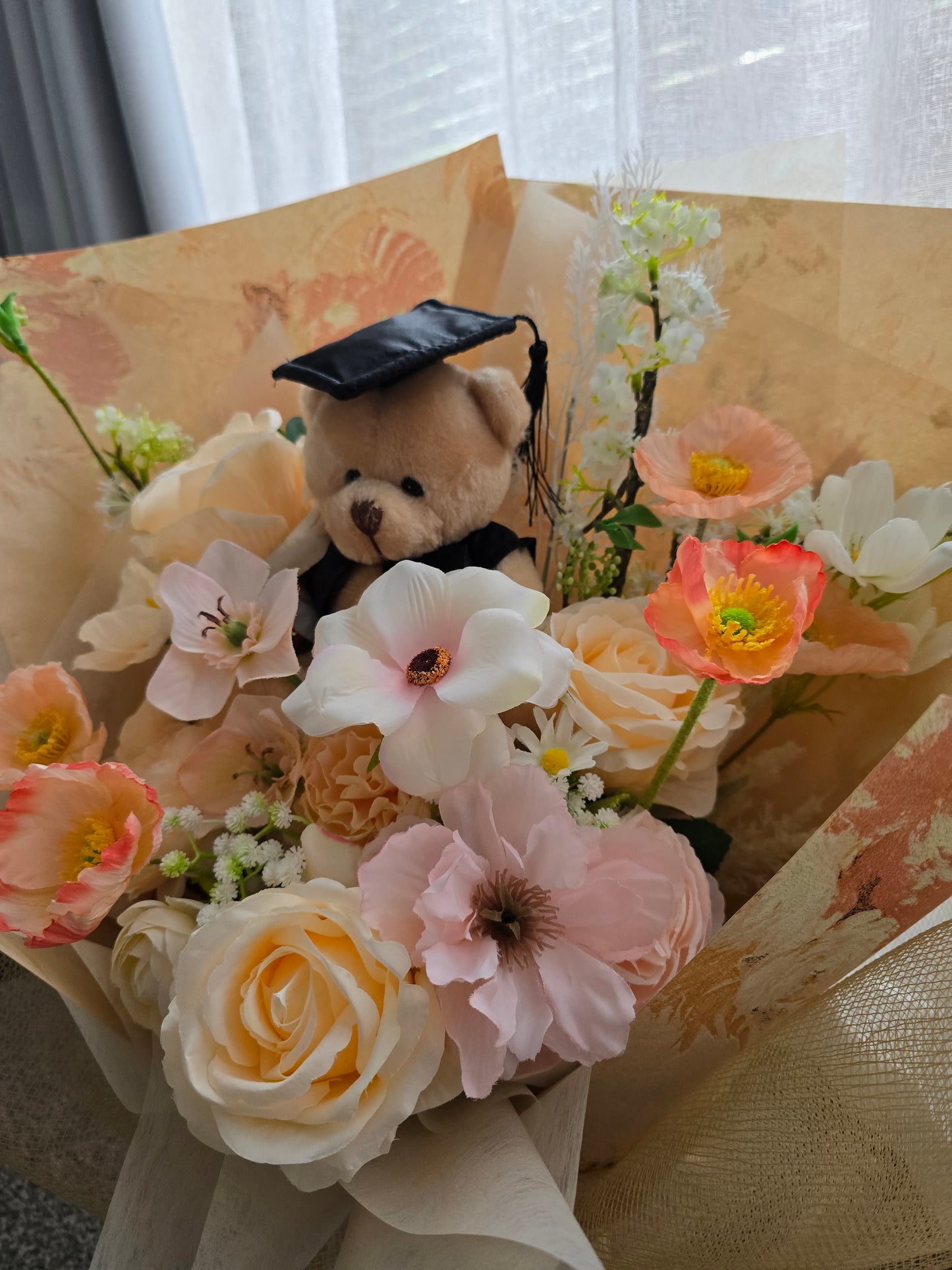 LIMITED EDITION GRADUATION FLOWER  BOUQUET WITH GRADUATION BEAR PEACH TONE