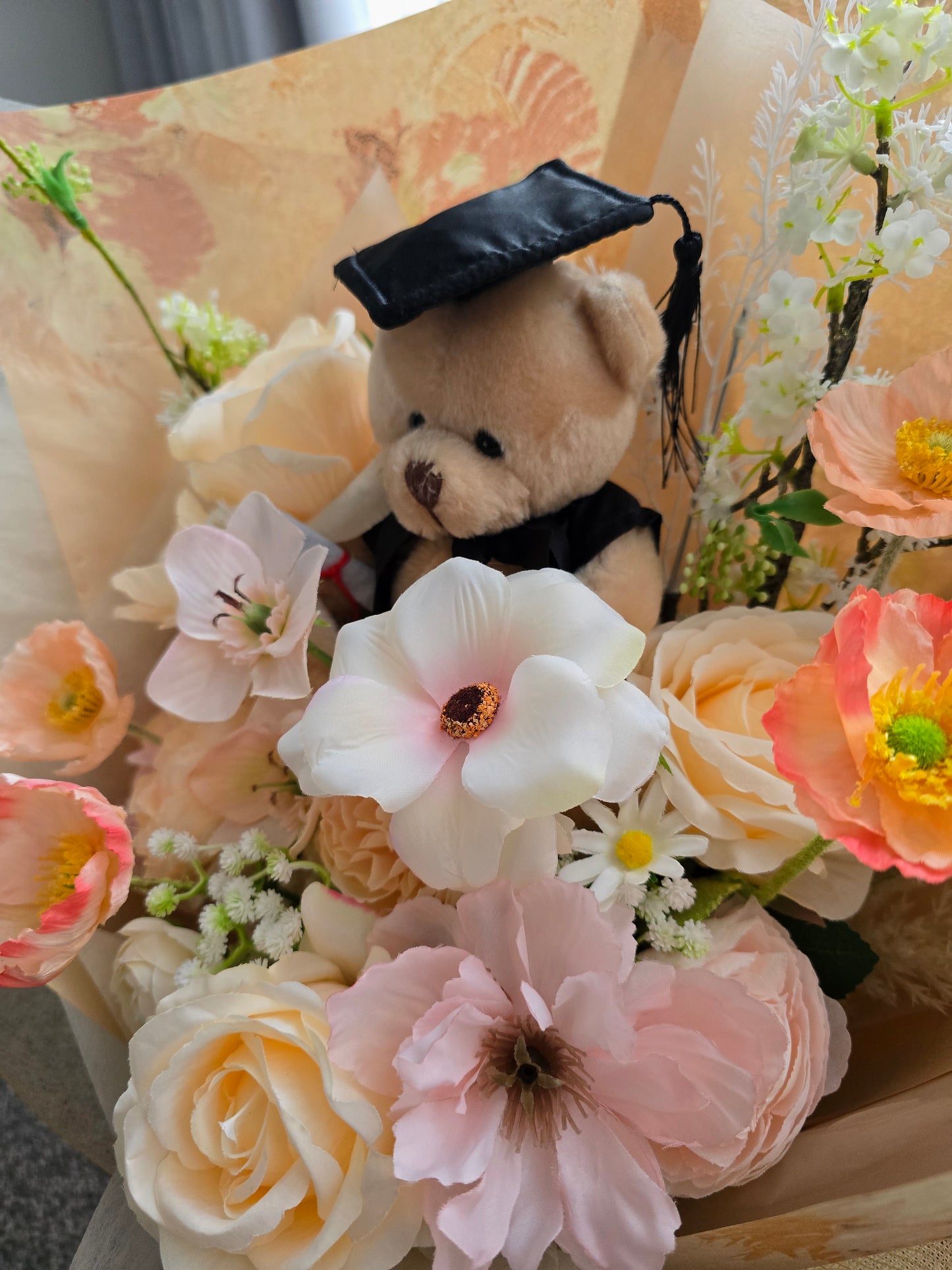 LIMITED EDITION GRADUATION FLOWER  BOUQUET WITH GRADUATION BEAR PEACH TONE