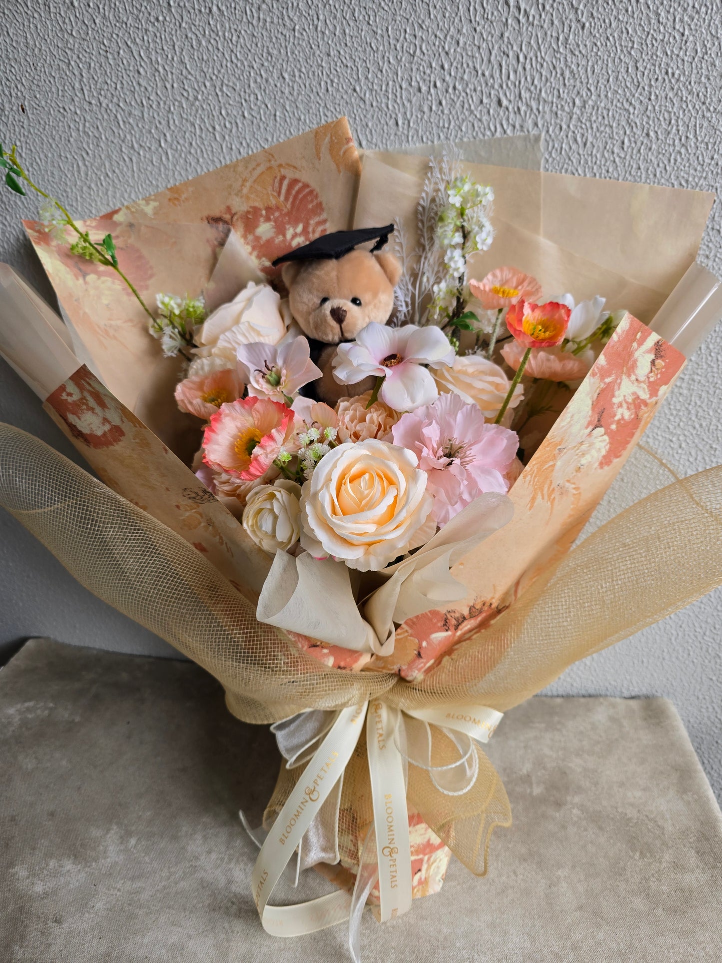LIMITED EDITION GRADUATION FLOWER  BOUQUET WITH GRADUATION BEAR PEACH TONE