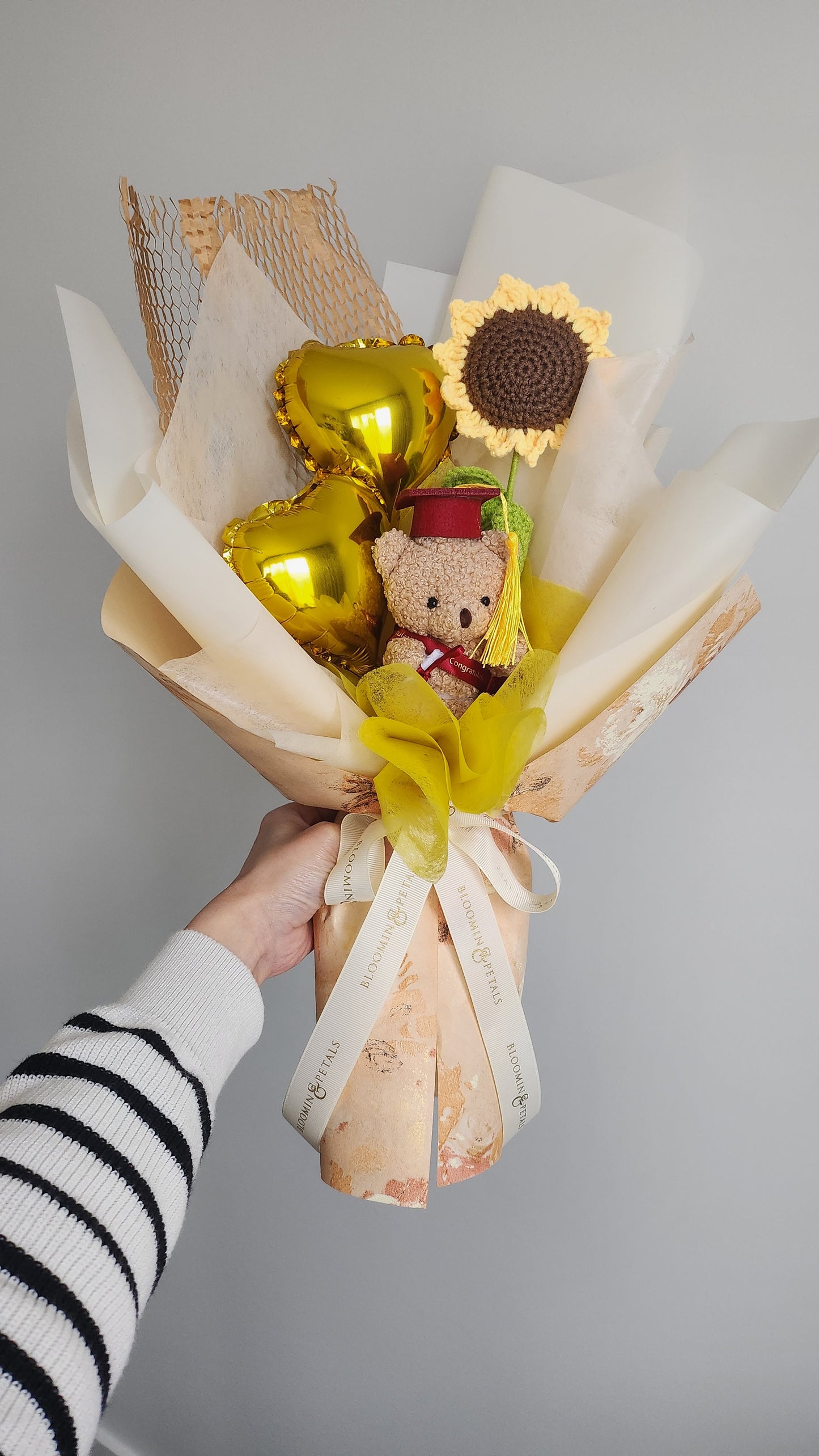 Mini heart balloon with teddy bear graduation bouquet