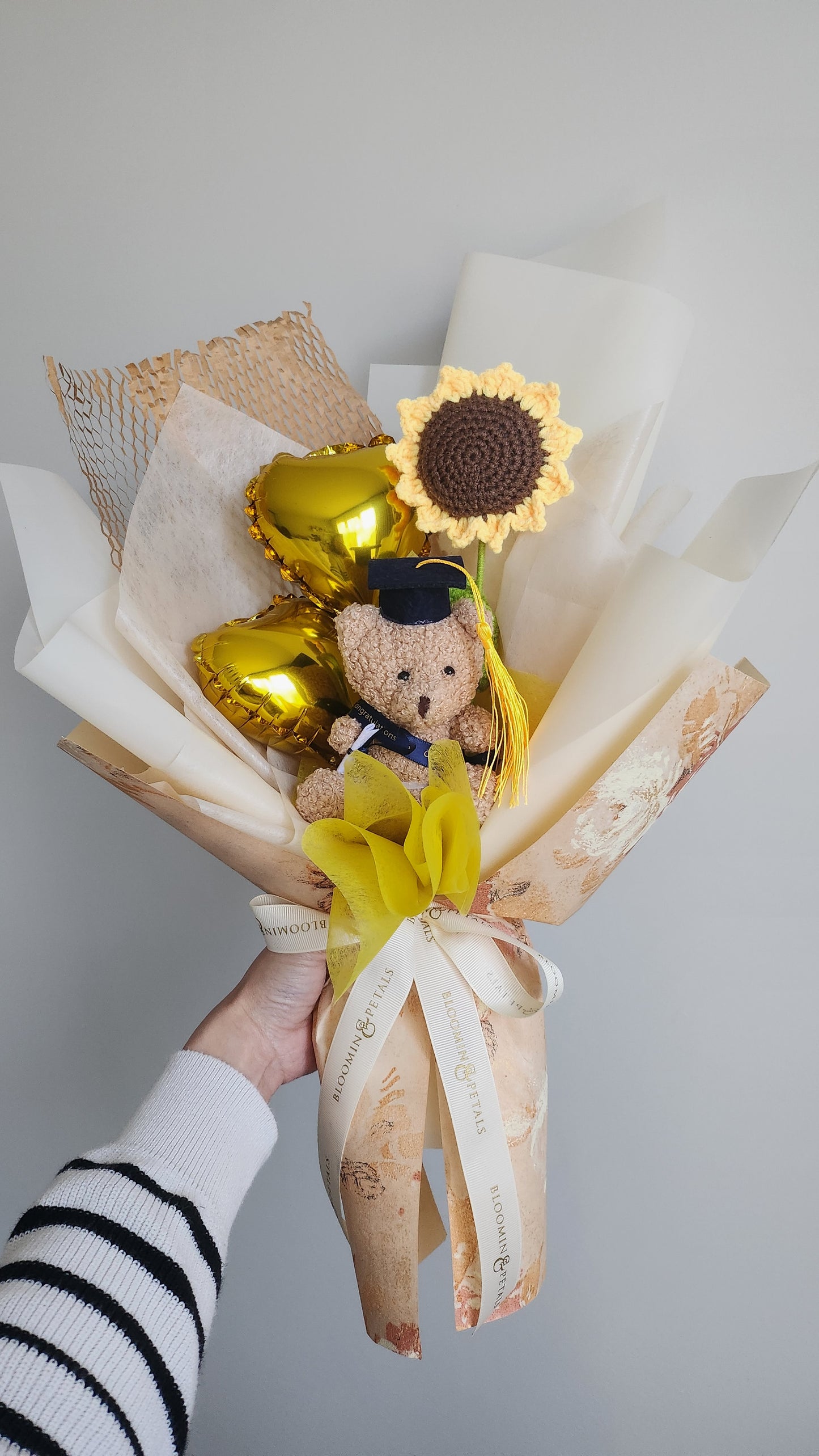 Mini heart balloon with teddy bear graduation bouquet