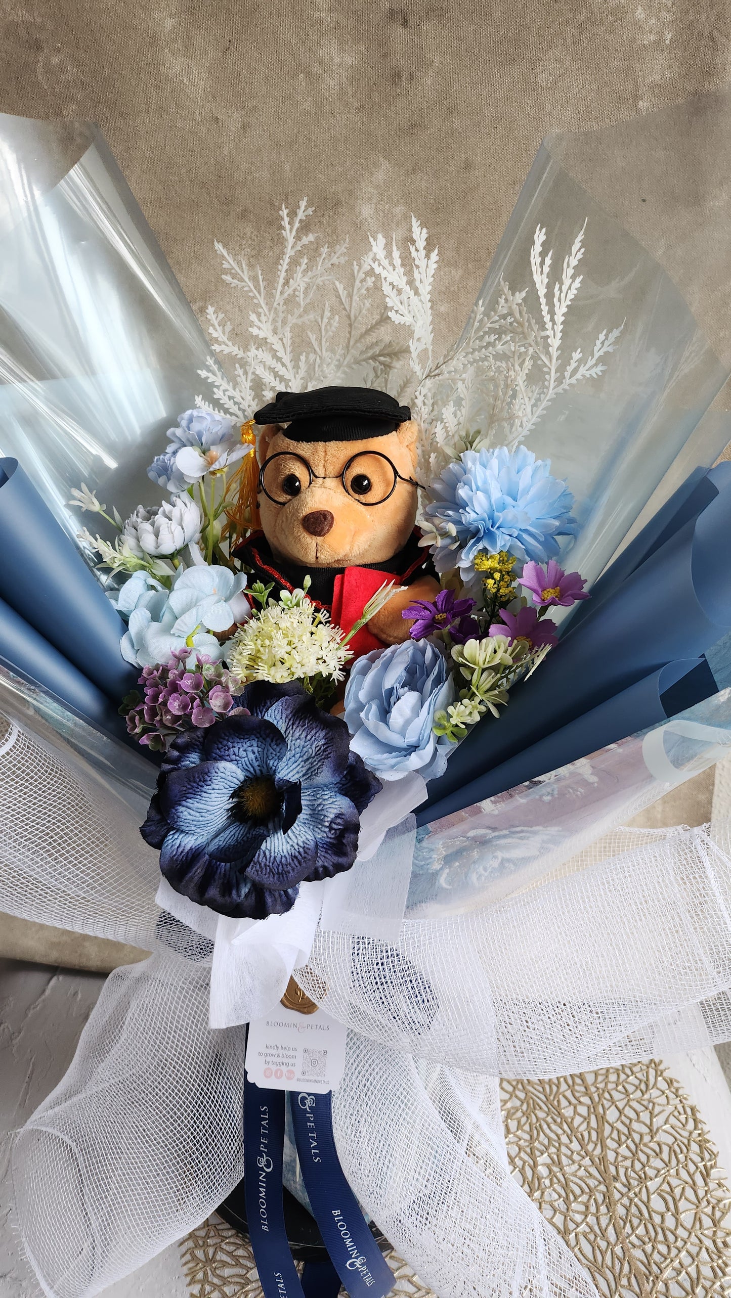 BLUE GRADUATION BOUQUET silk flower arrangement bouquet