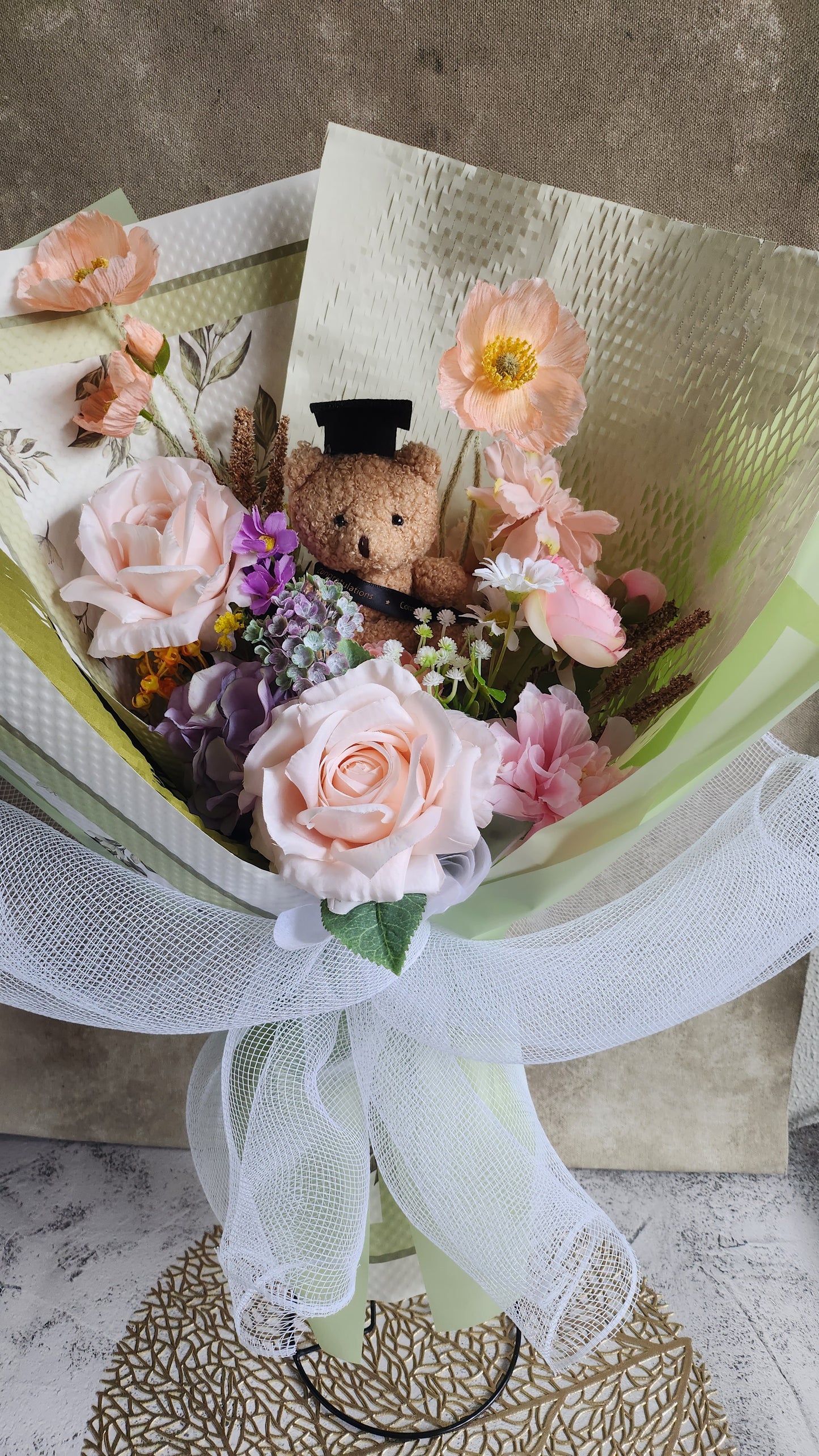 LIMITED EDITION BOUQUET WITH MEDIUM TEDDY BEAR GRADUATION BOUQUET