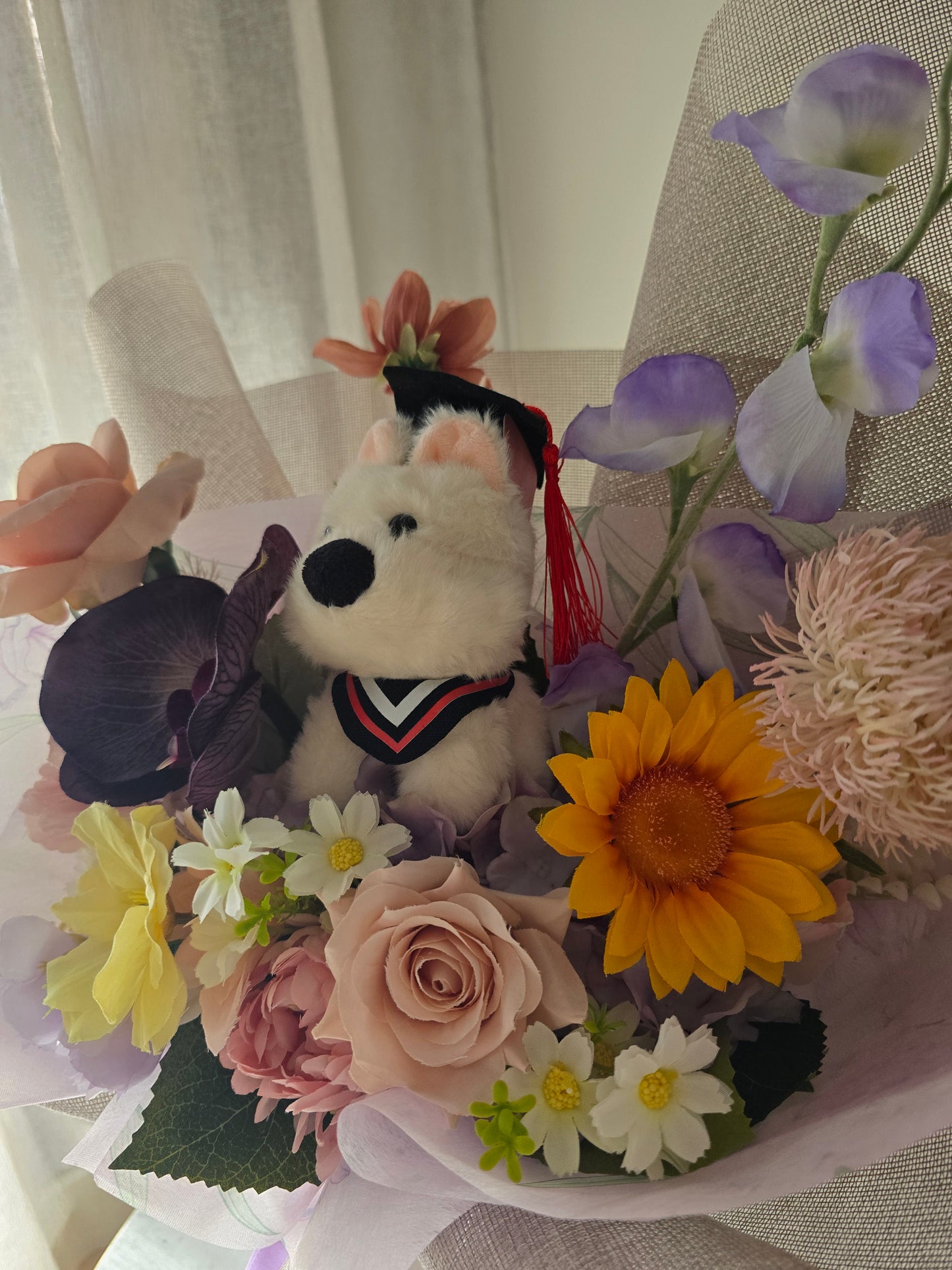 PREMIUM GRADUATION BOUQUET silk flower arrangement bouquet + puppy plushie graduation