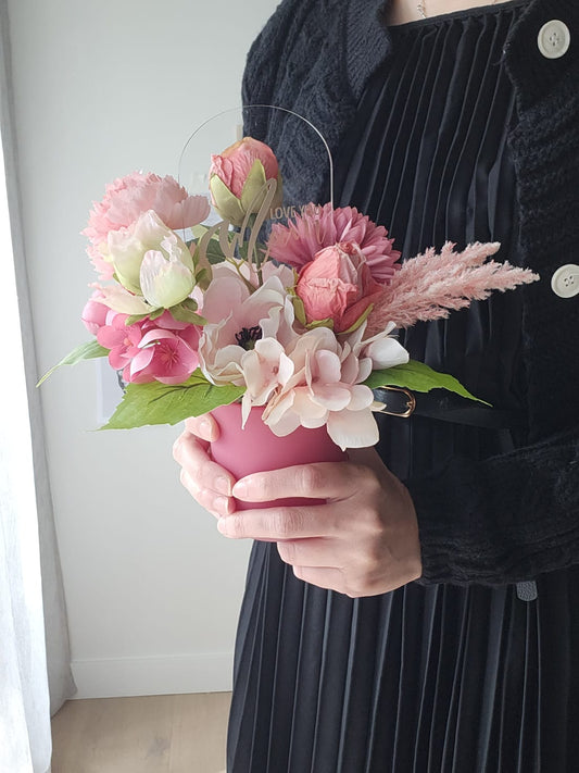 mother's day artificial flowers in a pot with clear acrylic arc